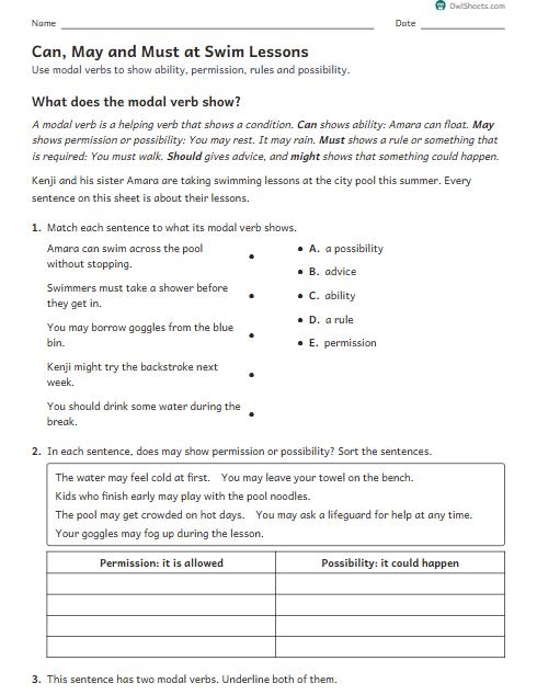 Can, May and Must at Swim Lessons worksheet preview