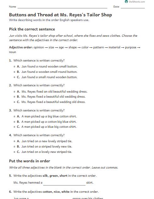 Buttons and Thread at Ms. Reyes's Tailor Shop worksheet preview