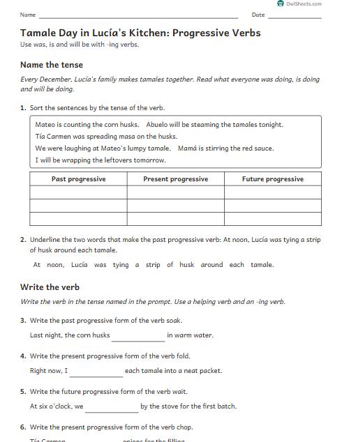 Tamale Day in Lucía's Kitchen: Progressive Verbs worksheet preview
