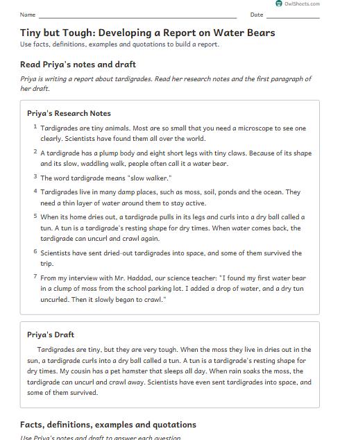 Tiny but Tough: Developing a Report on Water Bears worksheet preview
