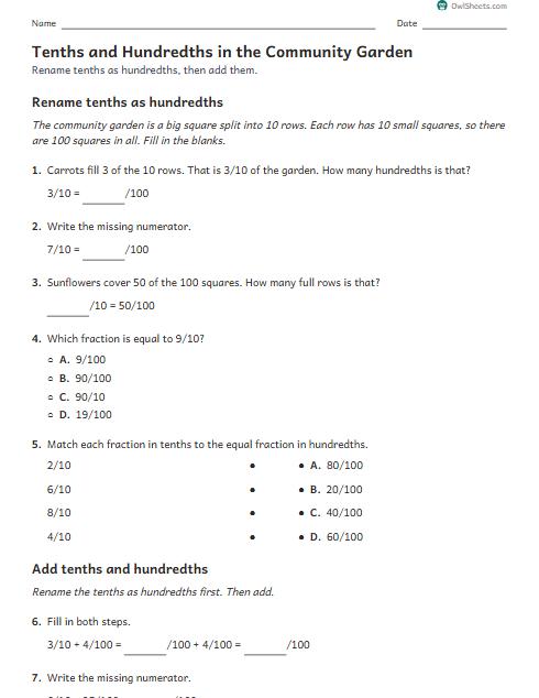 Tenths and Hundredths in the Community Garden worksheet preview