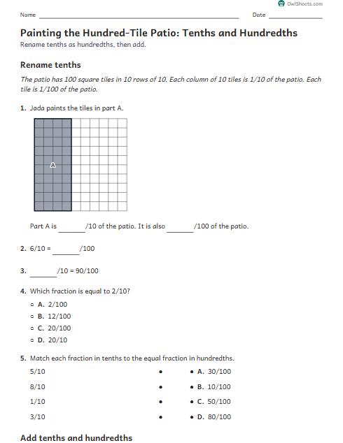 Painting the Hundred-Tile Patio: Tenths and Hundredths worksheet preview