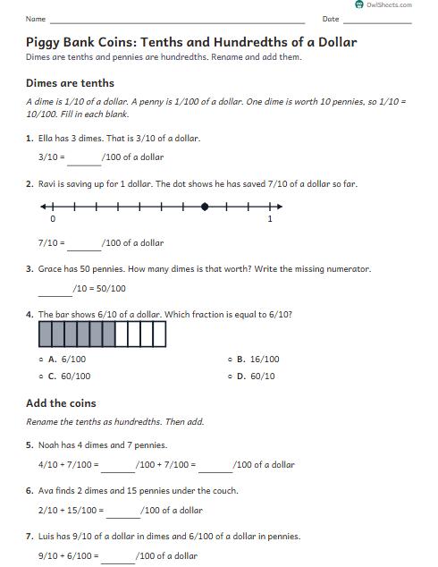 Piggy Bank Coins: Tenths and Hundredths of a Dollar worksheet preview