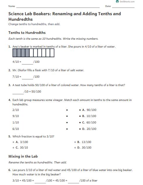 Science Lab Beakers: Renaming and Adding Tenths and Hundredths worksheet preview