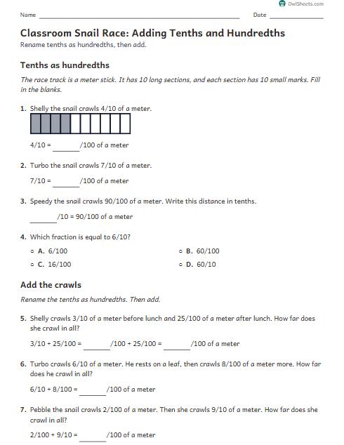 Classroom Snail Race: Adding Tenths and Hundredths worksheet preview