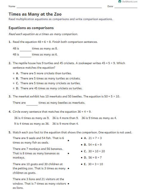 Times as Many at the Zoo worksheet preview