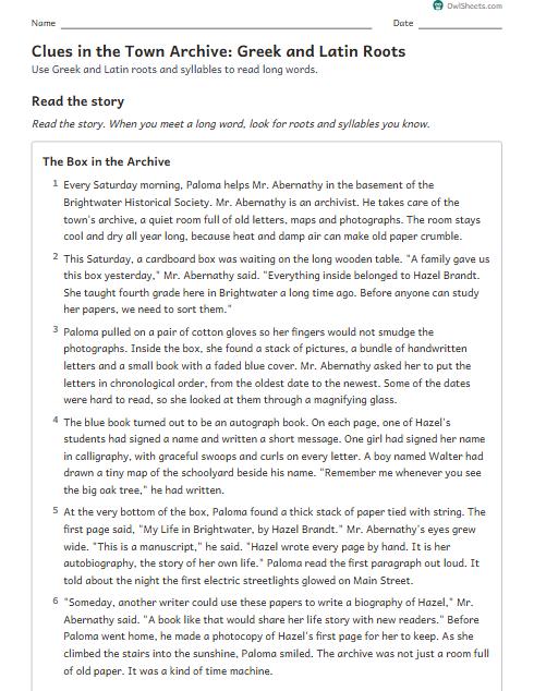 Clues in the Town Archive: Greek and Latin Roots worksheet preview
