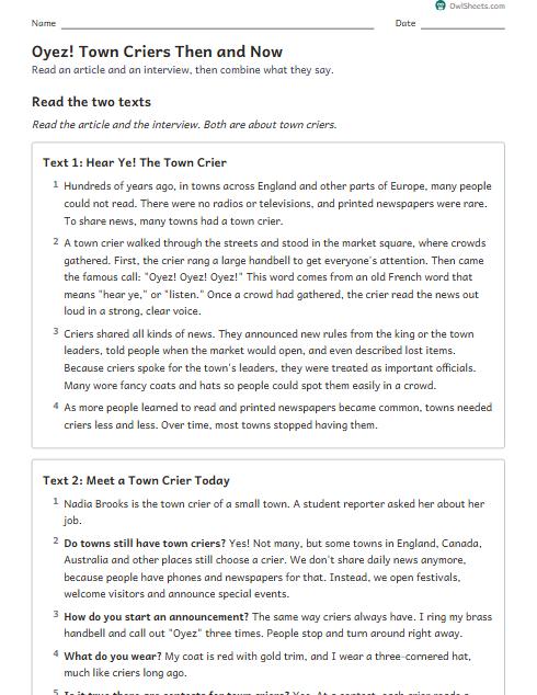 Oyez! Town Criers Then and Now worksheet preview