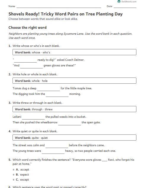 Shovels Ready! Tricky Word Pairs on Tree Planting Day worksheet preview