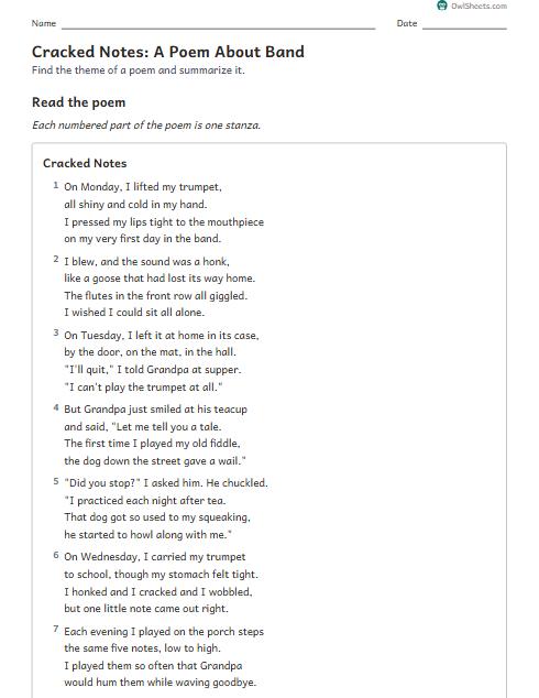 Cracked Notes: A Poem About Band worksheet preview