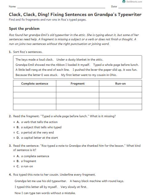 Clack, Clack, Ding! Fixing Sentences on Grandpa's Typewriter worksheet preview