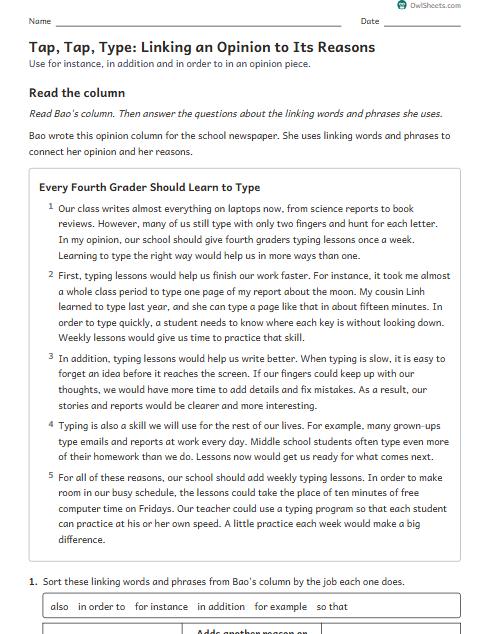 Tap, Tap, Type: Linking an Opinion to Its Reasons worksheet preview
