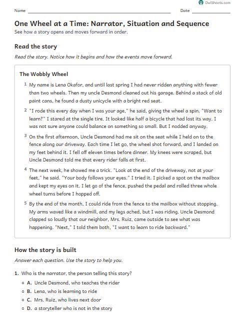 One Wheel at a Time: Narrator, Situation and Sequence worksheet preview