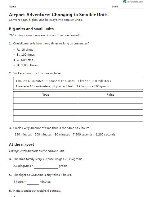 Airport Adventure: Changing to Smaller Units worksheet preview