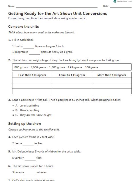 Getting Ready for the Art Show: Unit Conversions worksheet preview