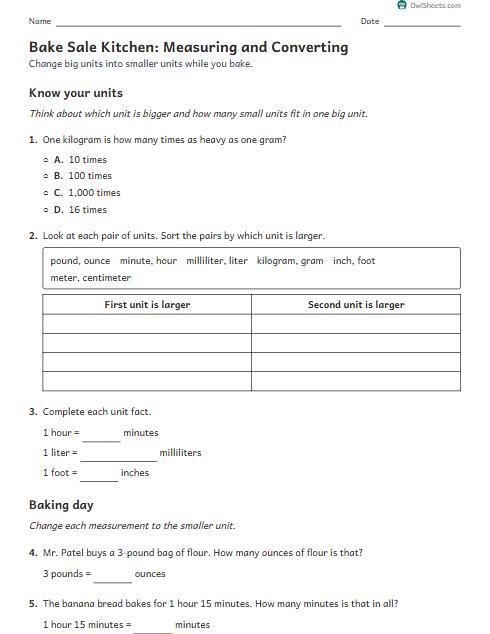 Bake Sale Kitchen: Measuring and Converting worksheet preview