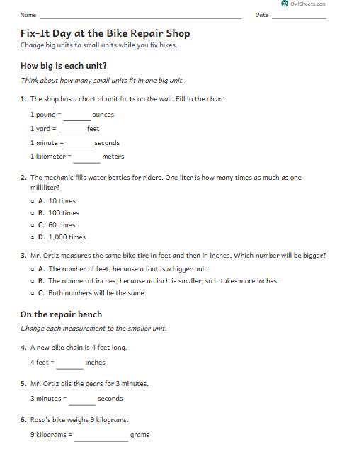 Fix-It Day at the Bike Repair Shop worksheet preview