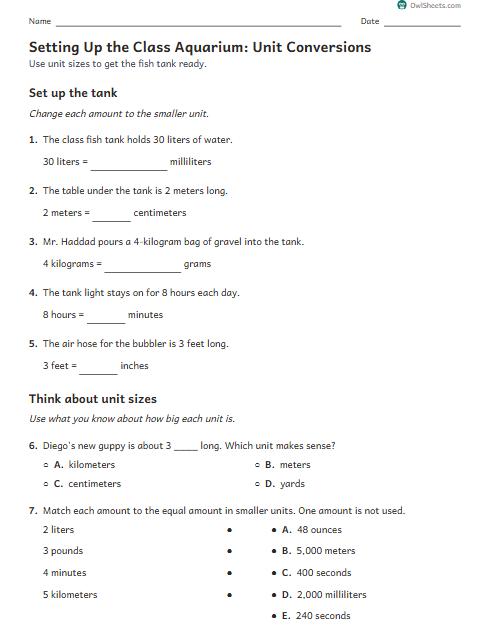 Setting Up the Class Aquarium: Unit Conversions worksheet preview