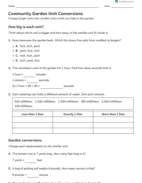 Community Garden Unit Conversions worksheet preview