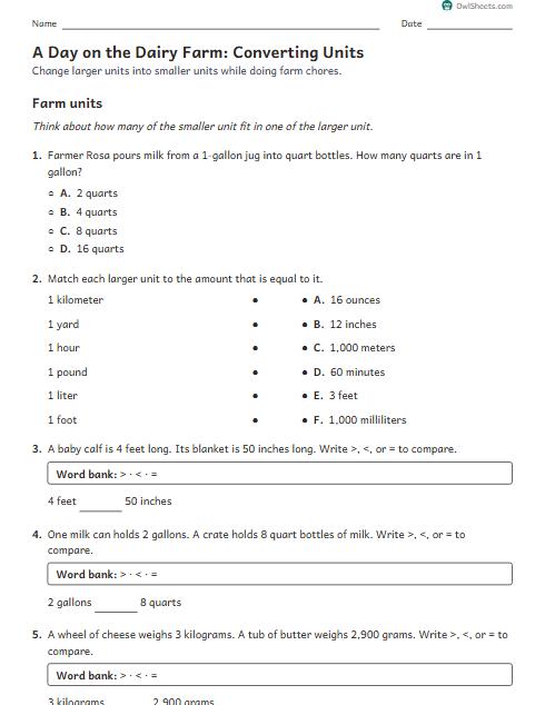 A Day on the Dairy Farm: Converting Units worksheet preview
