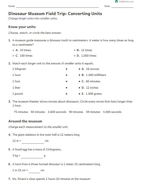 Dinosaur Museum Field Trip: Converting Units worksheet preview