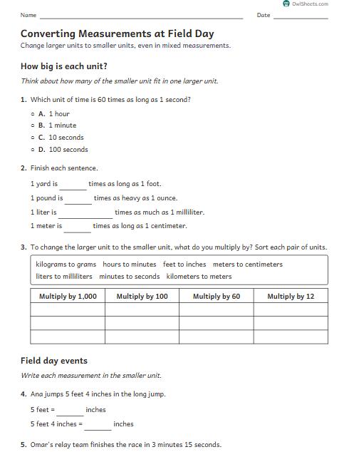 Converting Measurements at Field Day worksheet preview