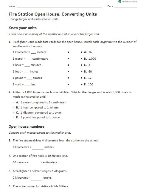 Fire Station Open House: Converting Units worksheet preview