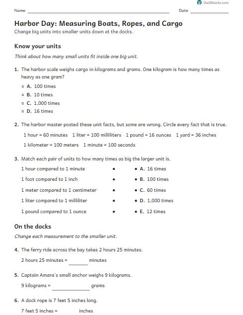 Harbor Day: Measuring Boats, Ropes, and Cargo worksheet preview