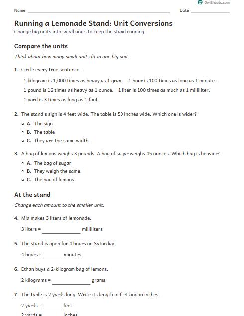 Running a Lemonade Stand: Unit Conversions worksheet preview