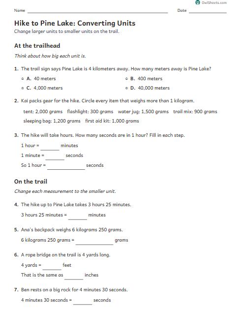 Hike to Pine Lake: Converting Units worksheet preview