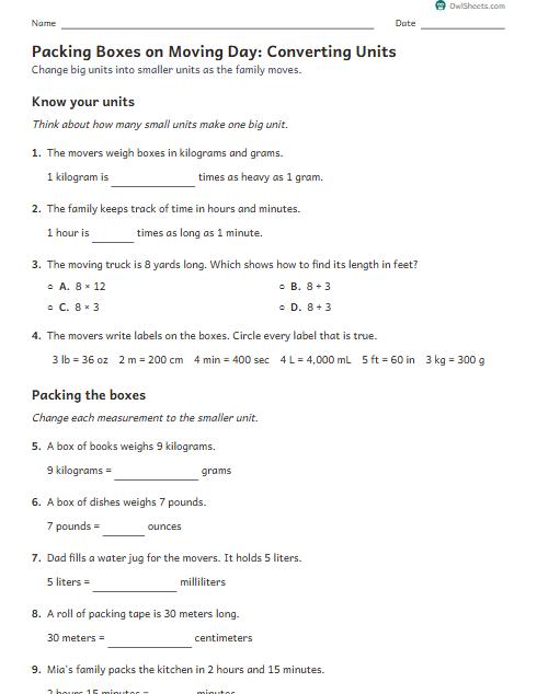 Packing Boxes on Moving Day: Converting Units worksheet preview