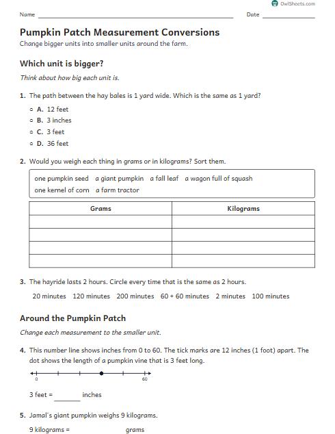 Pumpkin Patch Measurement Conversions worksheet preview