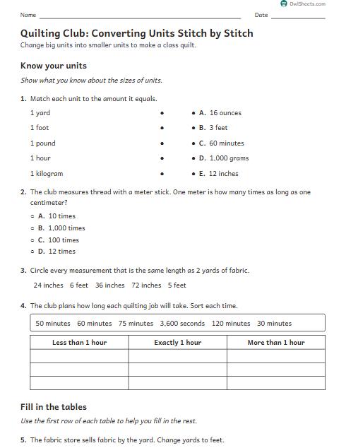 Quilting Club: Converting Units Stitch by Stitch worksheet preview