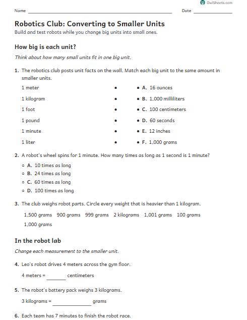 Robotics Club: Converting to Smaller Units worksheet preview