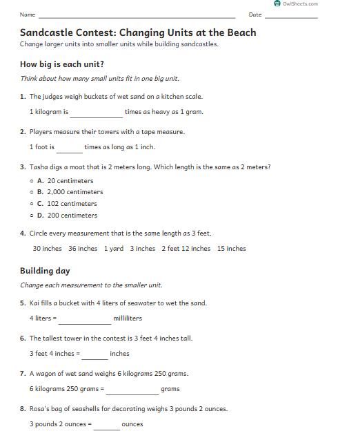 Sandcastle Contest: Changing Units at the Beach worksheet preview