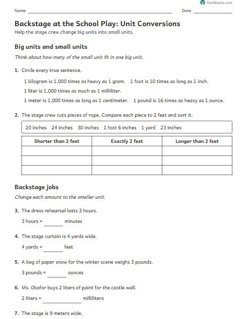 Backstage at the School Play: Unit Conversions worksheet preview