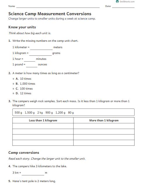 Science Camp Measurement Conversions worksheet preview