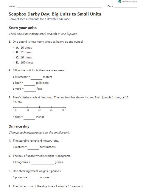 Soapbox Derby Day: Big Units to Small Units worksheet preview