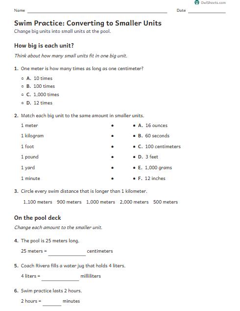 Swim Practice: Converting to Smaller Units worksheet preview