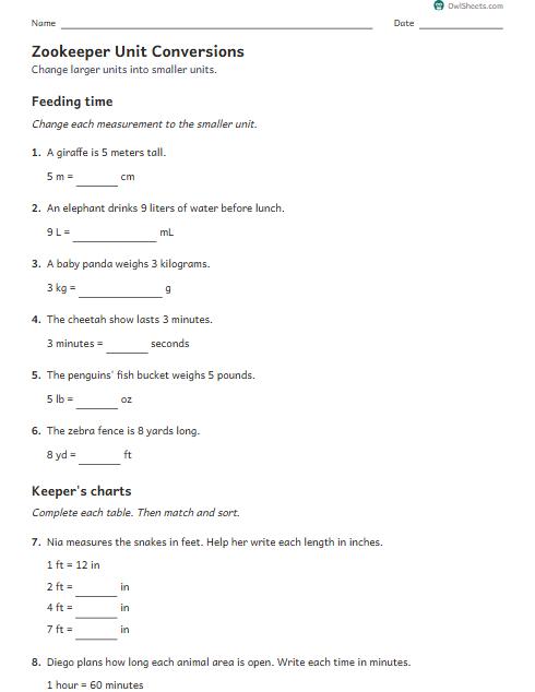 Zookeeper Unit Conversions worksheet preview