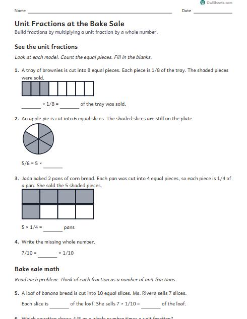 Unit Fractions at the Bake Sale worksheet preview