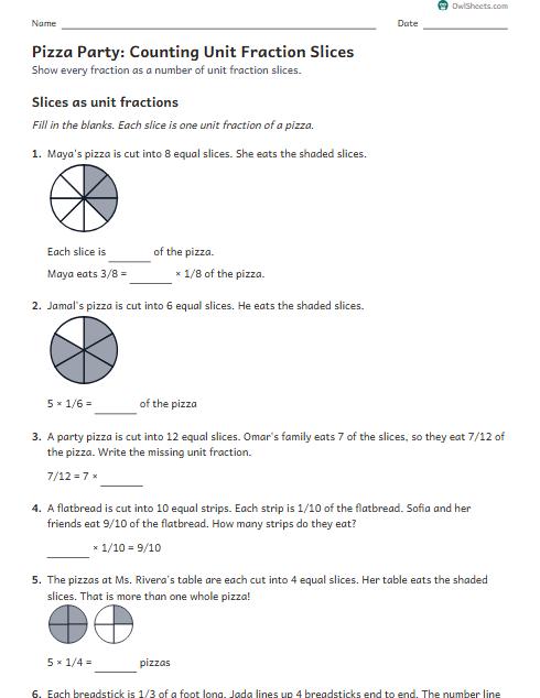 Pizza Party: Counting Unit Fraction Slices worksheet preview