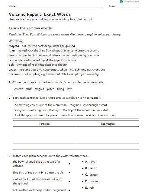 Volcano Report: Exact Words worksheet preview