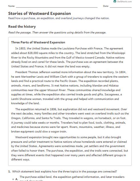 Stories of Westward Expansion worksheet preview