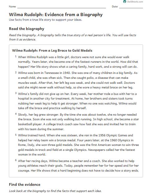 Wilma Rudolph: Evidence from a Biography worksheet preview