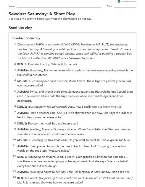Sawdust Saturday: A Short Play worksheet preview