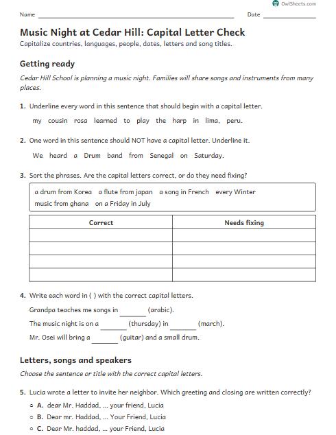 Music Night at Cedar Hill: Capital Letter Check worksheet preview