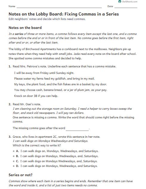 Notes on the Lobby Board: Fixing Commas in a Series worksheet preview