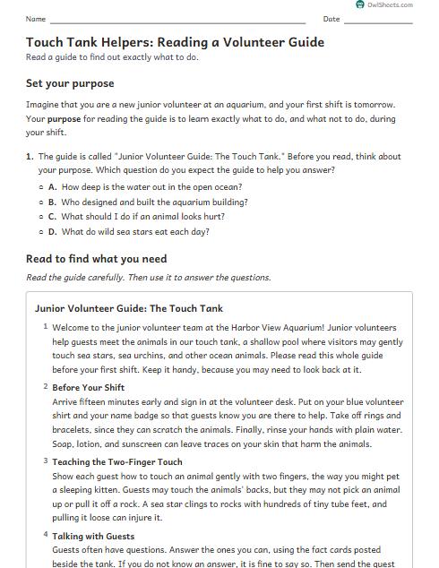 Touch Tank Helpers: Reading a Volunteer Guide worksheet preview