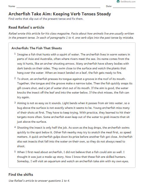Archerfish Take Aim: Keeping Verb Tenses Steady worksheet preview